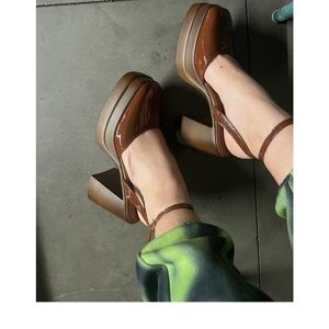 New! Free People Double Stack Platform Patent Brown Mary Jane 41